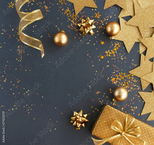 Christmas Or New Year Frame Decorations In Gold Colors On Dark