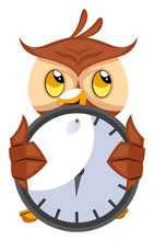 Owl With Big Clock, Illustration, Vector On White Background.
