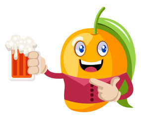 Sticker - Mango with beer, illustration, vector on white background.