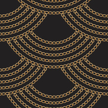 Geometrical Wavy Seamless Pattern With Golden Chains And Rings Garland Hanging Down On A Black Background. Fan Shaped Wavy Silk Textile Print, Batik Fashion Ornament, Wallpaper, Wrapping Paper
