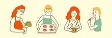 Coffee Store Colorful People And Elements In Light Background. Brunch, Teatime, Breakfast, Bakery And Restaurant Hand Drawn Isolated Person Icons: Eating, Cooking, Making Coffee And Drinking