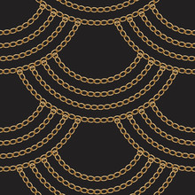 Geometrical Wavy Seamless Pattern With Golden Chains And Rings Garland Hanging Down On A Black Background. Fan Shaped Wavy Silk Textile Print, Batik Fashion Ornament, Wallpaper, Wrapping Paper