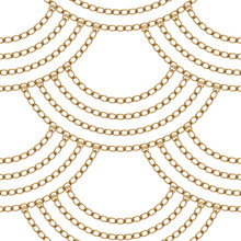 Geometrical Wavy Seamless Pattern With Golden Chains And Rings Garland Hanging Down On A White Background. Fan Shaped Wavy Silk Textile Print, Batik Fashion Ornament, Wallpaper, Wrapping Paper
