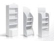 © melnikdesign - White Empty Displays With Shelves Products.Display on Isolated white background. Mock-up template. Product Packing Vector