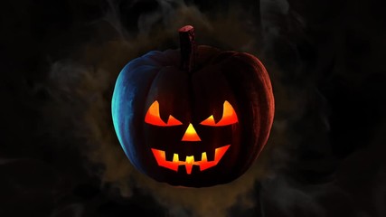 Canvas Print - black smoke pumpkin happy halloween 4k loop features a pumpkin spinning out from a distance with swi