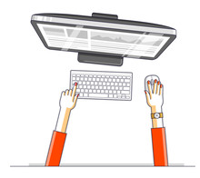 Office Worker Or Entrepreneur Business Woman Working On A PC Computer, Top View Of Workspace Desk With Human Hands, Overhead Look. Vector Illustration.
