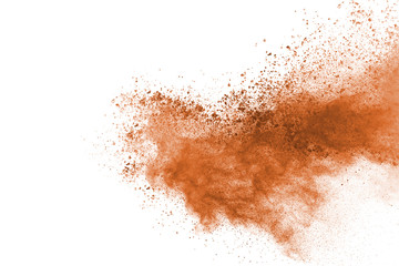 Wall Mural - brown color powder explosion on white background. colored cloud. colorful dust explode. paint holi.