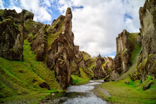 Famous Fjadrargljufur Canyon In Iceland. Top Tourism Destination. South East Of Iceland, Europe