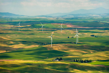 Wind Turbines Seen From Steptoe Butte State Park, Washington. Wind power on the Palouse, a long-unused resource, has become part of a broader network of alternative energy consisting of 58 turbines.