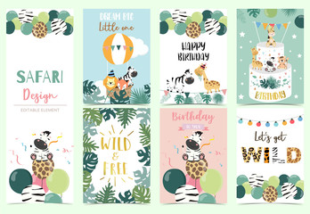 Collection of safari background set with giraffe,balloon,zebra,lion.Editable vector illustration for birthday invitation,postcard and sticker.Wording include wild and free