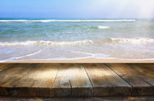 Wood Deck In Front Of Sea Landscape. Ready For Product Display