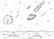 Comet and asteroids are falling on a planet's surface with craters. Vector outline illustration, horizontally seamless