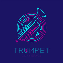 Trumpet, Music Note With Line Staff Circle Shape Logo Icon Outline Stroke Set Dash Line Design Illustration Isolated On Dark Blue Background With Saxophone Text And Copy Space