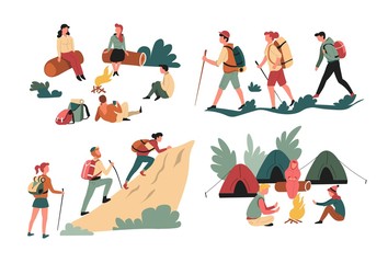 Wall Mural - hiking friends backpacking and camping mountains and forest isolated characters