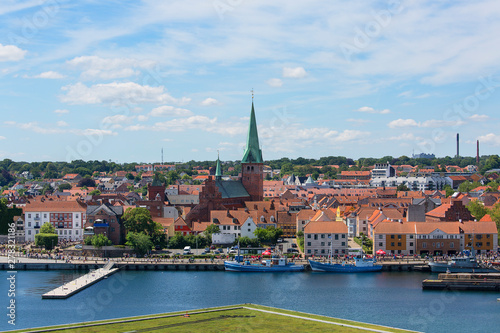 Leinwand Poster  View of the city by Oresund Strait, panorama from Kronborg castle tower, Helsing