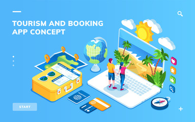 Isometric screen for online hotel reservation or flight booking, traveling or vacation planning smartphone application. Man and woman buying trip. Tourism and journey, recreation, travel app concept