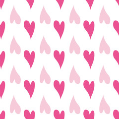 Seamless pattern of pink hearts on a white background.