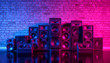 Speakers on the background of an old brick wall in the enon light, 3d illustration