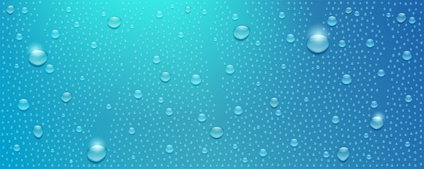 Realistic water drops flow down the glass. Three dimensional droplets with traces from drips vector 3d illustration. Textured background with glow from the sun for banner, poster, leaflet.