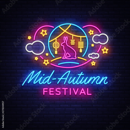 Happy Mid Autumn Festival Neon Sign Vector Mid Autumn Design Template Web Banner Poster Greeting Card Party Invitation Light Banner Isolated Vector Illustration Buy This Stock Vector And Explore Similar Vectors