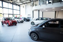 Car Dealership Showroom Interior With Brand New Vehicles For Sale.