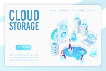 Poster - Cloud storage soft light isometric vector landing page template. Data backup, web hosting website design. Neon light server, database, cloud computing services 3d concept. Data uploading webstorage
