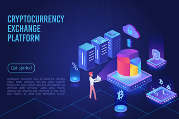 Fototapete - Cryptocurrency exchange platform dark ultraviolet light landing page vector template. Bitcoin financial transactions. Crypto mining, blockchain 3d concept. Crypto currency market