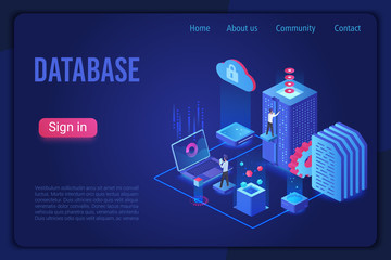 Aufkleber - Database landing page dark neon light isometric vector template. Internet of things, data server storage 3d web banner. Telecommunication, cloud computing service website homepage.