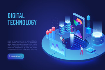Aufkleber - Digital and Internet technology dark neon light landing page isometric vector template. App interface, web development 3d web banner concept. Software programming, optimization and testing