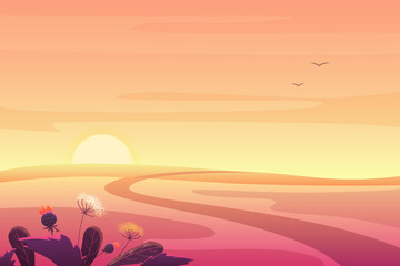 Beautiful fantasy sunset or sunrise summer, autumn fields landscape with rose orange red hill. Country background cartoon flat style banner vector illustration.