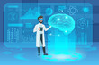 © lembergvector - Human brain futuristic medical hologram with doctor scientist character vector illustration. Brain model screening ar interface. Diagrams, pie chart infographics. Medicine and healthcare icons