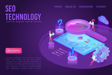 Aufkleber - SEO technology dark violet neon light landing page isometric vector template. Analysts team analyzing statistics, market making research. 3d web banner concept. Business analytics website homepage.