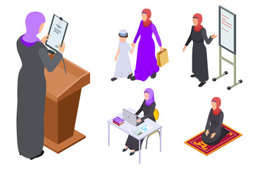 Sticker - Isometric arab woman vector design. Muslim businesswoman, teacher, mother, student. Arabian teacher and islam lady pray illustration