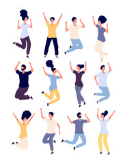 Canvas Print - Jumping people set. happy smiling adults enjoy in jump celebrating event. healthy lifestyle Isolated vector cartoon characters. Young jump people, female and male smiling celebration illustration