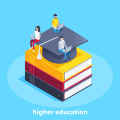 Wall Mural - isometric vector image on a blue background, young people sitting with laptops on a stack of books and a bachelor's hat, higher education online