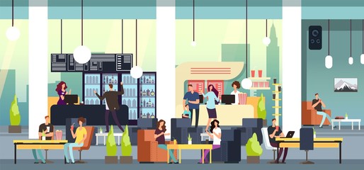 Poster - Men and women at food court vector illustration. Canteen and cafeteria, inside cafe in mall