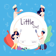 Kids cook background. Kids cooks background. Children in chef hat cooking food in kitchen. Culinary vector concept. Kids chef cook, course of diploma culinary illustration