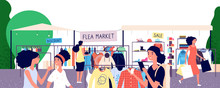 Flea Market. Women Shoppers Choosing Fashion Clothes At Bazaar. Garage Street Sale And Secondhand Shopping Vector Concept. Shopping Outdoor Bazaar Illustration