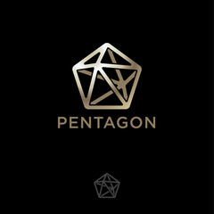 Poster - Polygonal crystal icon. Pentahedron logo. Five-pointed gold crystal and letters on a dark background.