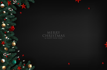 Wall Mural - christmas tree branches on wooden background, vector illustration