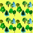 Various trees seamless pattern on yellow background, hand-drawn watercolor illustration of pine, fir, willow, palm