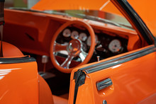 Close Up Of Matching Interior Of Orange Classic Vintage Car