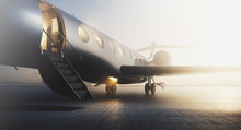 Business Private Jet Airplane Parked At Terminal. Luxury Tourism And Business Travel Transportation Concept. Closeup. 3d Rendering