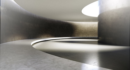 Wall Mural - Contemporary and futuristic empty interior with natural light on concret wall and reflections on the floor. Concept of interior design and architecture. 3d rendering.