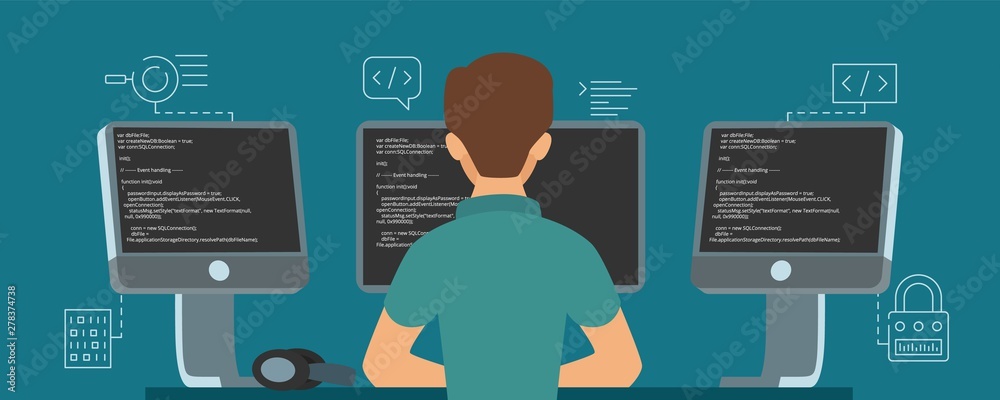 Software developer character. Vector programmer develops code ...