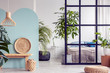 © Photographee.eu - Urban jungle in bright white and blue bedroom interior with partition