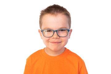 Little cute boy in glasses, isolated on white background