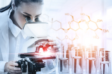 Poster - research and development concept. double exposure image of scientific and medical lab instrument, mi