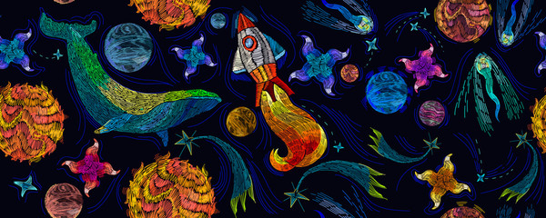 embroidery universe, spaceship and blue whale seamless pattern. rocket, planet, solar system, galaxy