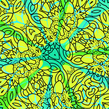 Bright Yellow, Blue And Green Fancy Pattern In Kaleidoscopic Style.